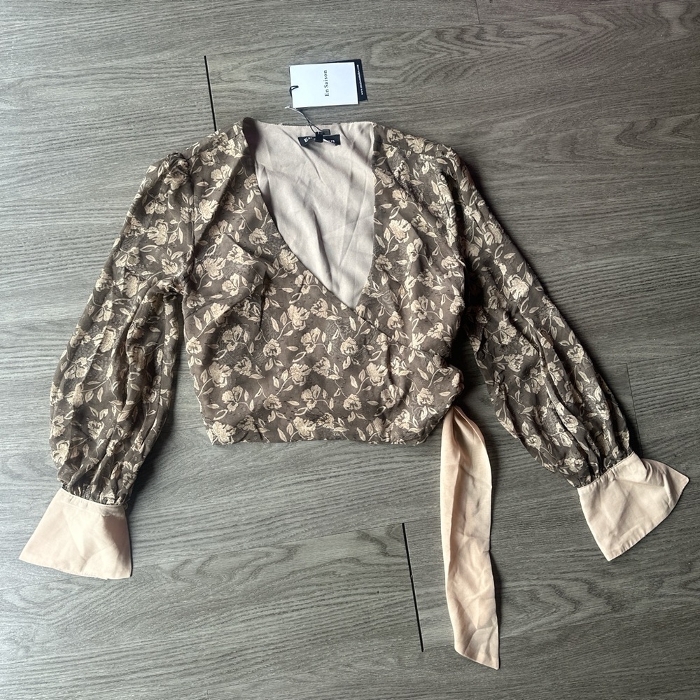 En Saison Brown and Cream Wrap Crop Top with Bell Sleeves